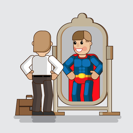 Businessman looks at himself in the mirror and sees himself as the big boss. Economic growth concept in isometric flat design. Growth charts. Vector illustration Eps10 fileのイラスト素材