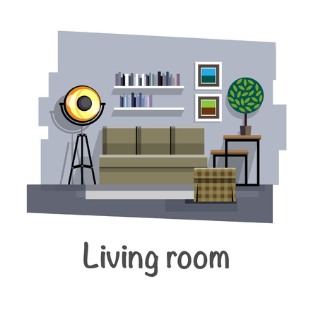 Living room. Living room interior. Shelves, sofa, coffee table, table for flowers, floor lamp, pictures, books, flower in a pot. Flat style. Flat design. Vector illustrationのイラスト素材