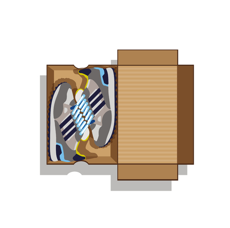 Sneakers in box. Sneakers in a cardboard box. Grey sneakers in box. Gray sneakers in a cardboard box. Flat style. Flat design. Vector illustrationのイラスト素材