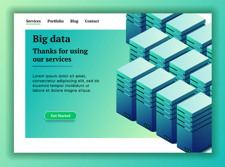 isometric illustration. Big data flow processing concept. Site for providing services for storing large dataのイラスト素材