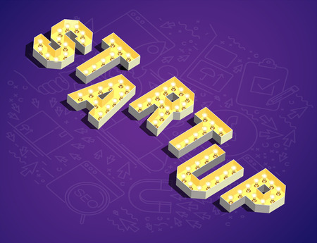Startup. The word STARTUP in retro style. 3d retro word STARTUP. Lamp glow retro word STARTUP. Vector glowing word STARTUP with lamps. Typography. Text STARTUP. STARTUP word in isometric 3d styleのイラスト素材