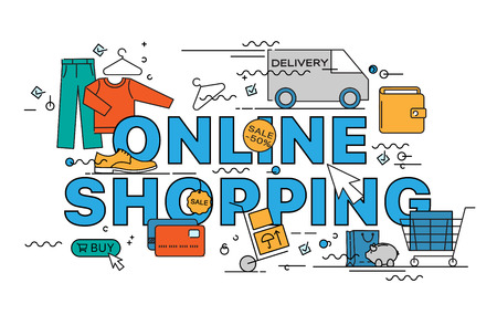 Online shopping. Lettering flat line design concepts of online shopping. Thin line flat design banners for website, web design, catalogue, booklet, promotional products, infographics, print designのイラスト素材