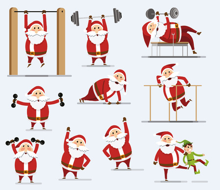 Collection of Santa Clauses. Santa Claus with a barbell. Santa claus squeezes from the floor. Set of Santa Claus doing sports. Flat style. Vector illustration Eps10 fileのイラスト素材