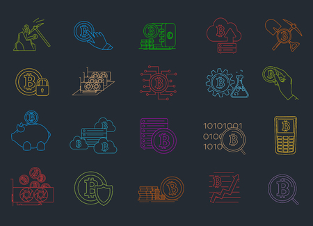 Modern linear pictogram of cryptocurrency and mining. Icons on the topic of cryptocurrency. Crypto currency. Electronic money. Mining cryptocurrency. Bitcoins technology. Blockchain technologyのイラスト素材