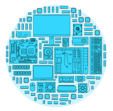 Computer. Computer components in blue color. Icons of computer components in blue color. Design of computer components in a modern style with related icons. Concept for ui, ux, web, app, bannerのイラスト素材