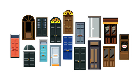 Entrance doors. Set of entrance doors in a flat style. Set of isolated on white background entrance doors. Set of colorful front doors for homes and buildings.のイラスト素材