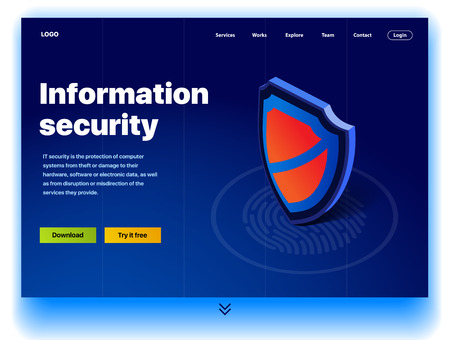 Website providing the service of information security. Concept of a landing page for information security. Vector website template with 3d isometric illustration of a security. Protection for computerのイラスト素材