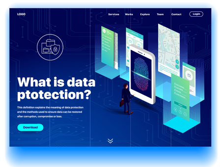 Website providing information service what is data protection. Concept of a landing page for data protection. Vector website template with 3d isometric illustration of a protect device and personのイラスト素材
