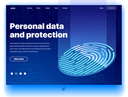 Website providing the service of personal data and protection. Concept of a landing page for personal data and protection. Vector website template with isometric illustration of a fingerprint scannerのイラスト素材