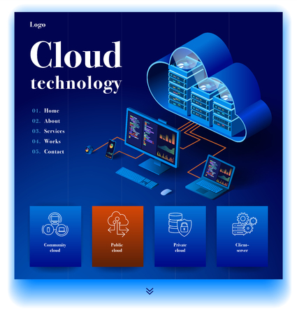 Cloud technology website. Concept of a landing page for data center. Website providing the service of modern cloud technology. Vector website template with 3d isometric illustration data centerのイラスト素材