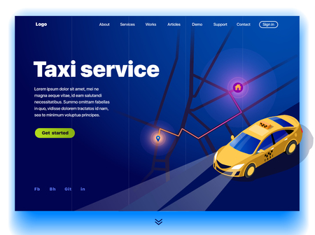 Website providing the service of taxi. Concept of a landing page for taxi service. Vector website template with 3d isometric illustration of a taxi with the shortest route map to the houseのイラスト素材