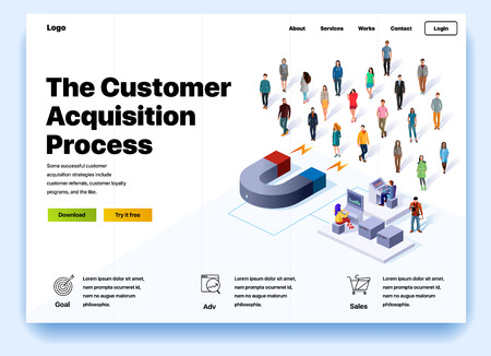 Website providing the service of the customer acquisition process. Concept of a landing page for customer acquisition process. Vector website template with 3d isometric illustration magnet and clientのイラスト素材