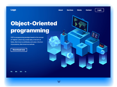 Website providing the service of object-oriented programming. Concept of a landing page for object-oriented programming. Vector website template with 3d isometric illustration of a devices programmingのイラスト素材