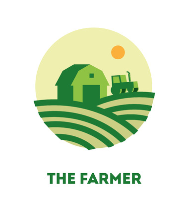 Farming logo template. Concept icon the farmer. Template with farm landscape. Label for natural farm products. Agriculture and more. Agricultural logo template design. Vector flat icon or sign farmerのイラスト素材