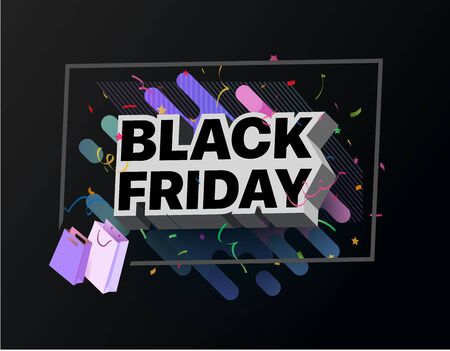 3d inscription black Friday sale poster with gray frame and color abstraction with packages on a black background. Vector illustration for black Friday sale. Design for poster, banners, flyers, cardのイラスト素材