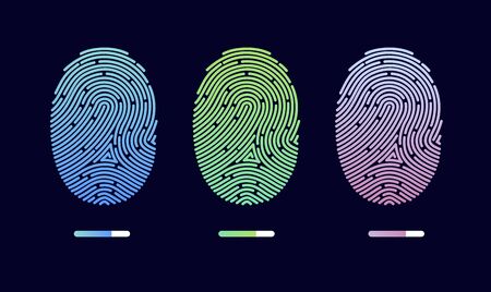 Fingerprints. Cyber security concept. Digital security authentication concept. Biometric authorization. Identification. Vector illustration of the fingerprint of different colors on a black backgroundのイラスト素材