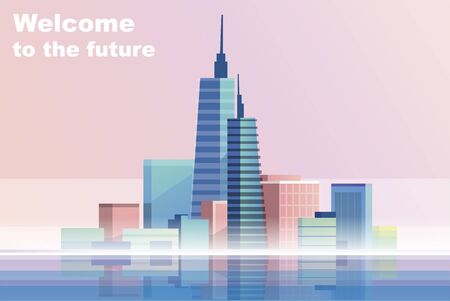 Welcome to the future. Vector illustration travelling and holidays to future town. Travel and tourism. Concept skyscrapers and houses. City landscape with high skyscrapers. Business center towerのイラスト素材