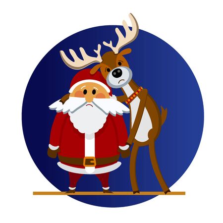 Sad Santa Claus and Christmas reindeer. Vector illustration of cartoon Santa Claus and deer who are sad. Santa Claus and deer character in a flat style. For holiday cards, posters, banners, webのイラスト素材