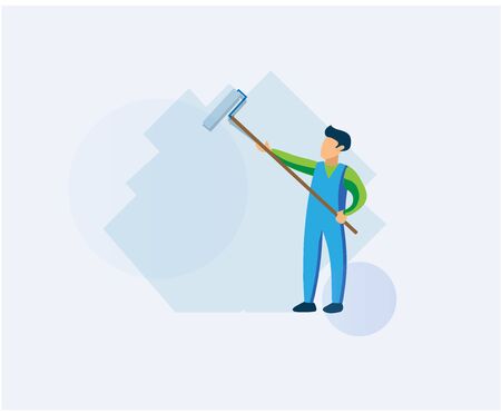 A man paints a roller wall. Man is holding paint roller in hands. Flat design vector illustration of worker at work. Customer service. Professional worker in blue and green uniform. Cartoon styleのイラスト素材