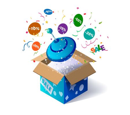 Open cardboard box with spinning top toy and confetti explosion inside and on white background. Promotional banner. Illustration for advertising decoration of stores and for raffle prizesのイラスト素材