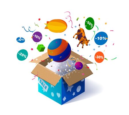 Open cardboard box with kids toys and confetti explosion inside and on white background. Lottery. Promotional banner. Illustration for advertising decoration of stores and for raffle prizesのイラスト素材