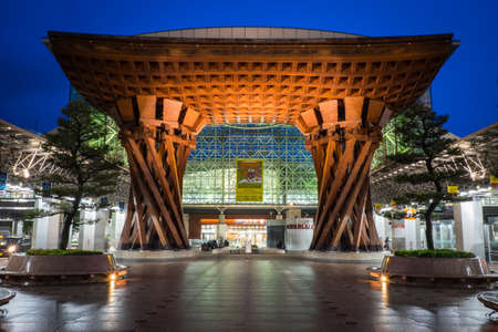 Wooden gate at Kanazawa station, Japanのeditorial素材