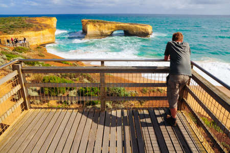 London Arch, the natural archway and tunnel in an impressive offshore rock formation, Great Ocean Road route, Melbourne, Australiaの写真素材