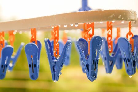 Colored clothespins on plastic hanger in drops after the rain.
