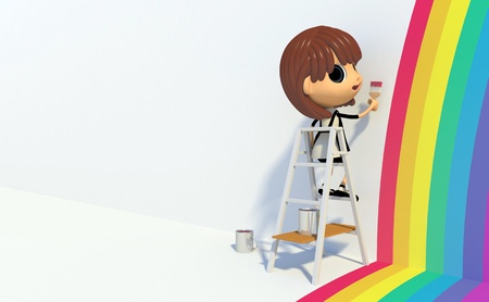 Girl painting rainbow on wallの写真素材