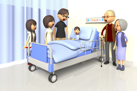 3D illustration of Family to visit the boy in the hospitalの写真素材