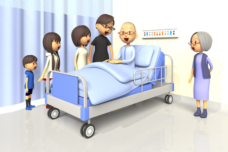 3D illustration of Family to visit the old man in the hospitalの写真素材