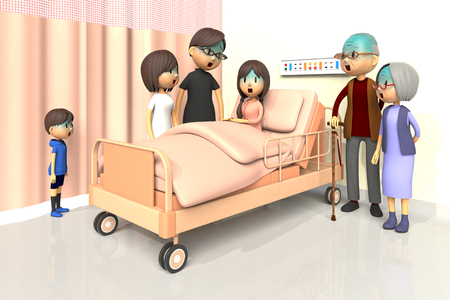 3D illustration of Family to visit the girl in the hospitalの写真素材