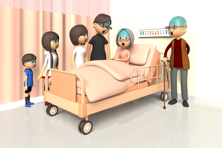 3D illustration of Family to visit the old woman in the hospitalの写真素材