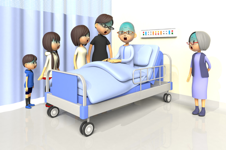 3D illustration of Family to visit the old man in the hospitalの写真素材