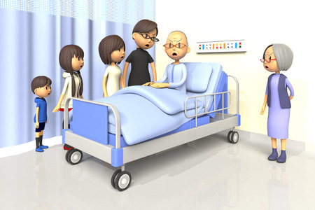 3D illustration of Family to visit the old man in the hospitalの写真素材