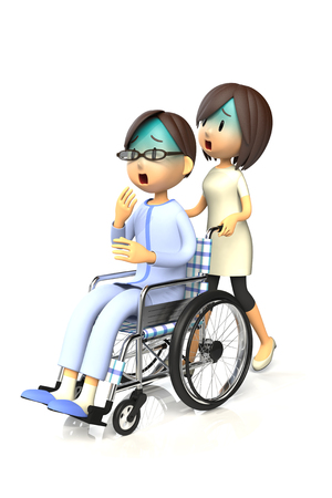 3D illustration of Man get by pushing the wheelchair to his wifeの写真素材