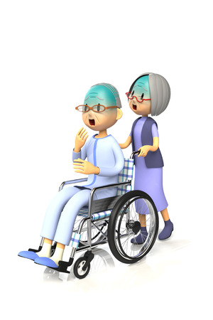 3D illustration of Old man get by pushing the wheelchair to his wifeの写真素材