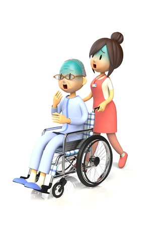 3D illustration of Old man get by pushing the wheelchair to caregiverの写真素材