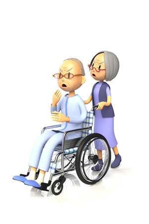 3D illustration of Old man get by pushing the wheelchair to his wifeの写真素材