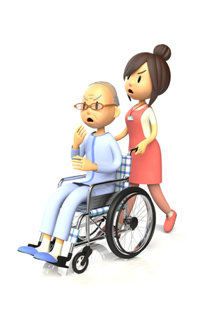3D illustration of Old man get by pushing the wheelchair to caregiverの写真素材