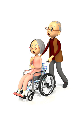 3D illustration of Elderly woman get by pushing the wheelchair to her husbandの写真素材