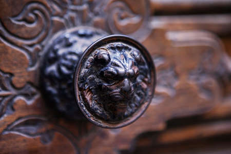 Brass doorknob in the form of a lion with a blurred background in the style of Art Deco. side view.の写真素材