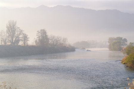 Chikuma River in the morning mist, before dawn in early winter, like an unspoiled landscape.