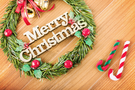 Christmas holidays composition on wooden background with copy space for your textの写真素材