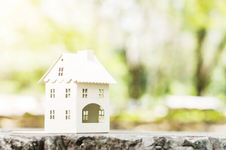 Wood home model capture on stone base in blur bokeh nature environmentの写真素材