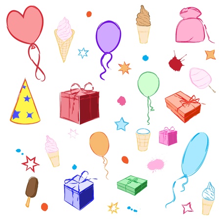Celebratory background, consisting of gifts, balls, ice cream and starsのイラスト素材