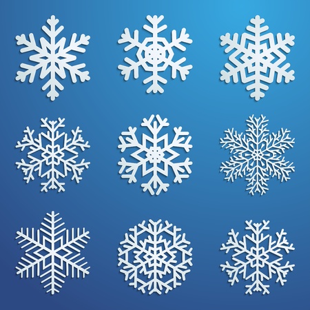 Set of white snowflakes various forms with shadows on blue backgroundのイラスト素材