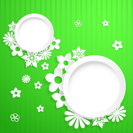 Green background with white circles and flowers cut out of paperのイラスト素材