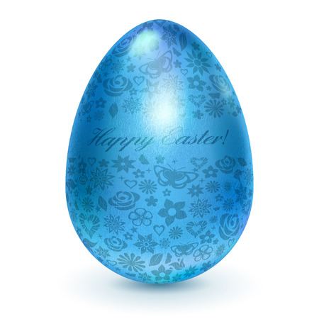 Realistic blue easter egg with a pattern of flowers, leaves and butterflies  With shadow on white backgroundのイラスト素材