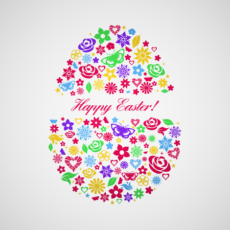 Easter egg consisting of multicolored flowers, leaves and butterflies with inscription "Happy Easter"のイラスト素材